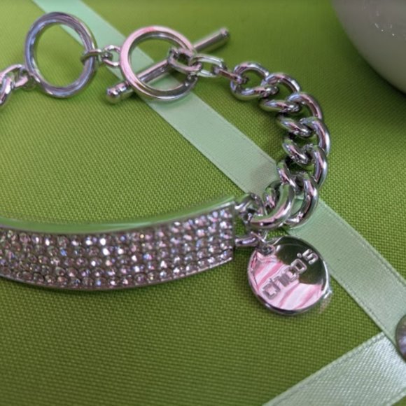 CHICO'S Pave Rhinestone ID Bar Bracelet Silver - Picture 2 of 6